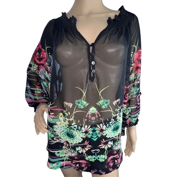 a.n.a Sheer Black 3/4 Sleeve Blouse With Floral Pattern - Picture 1 of 4